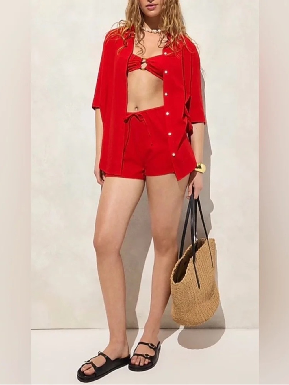 J. Crew Airy Gauze Cotton Button Up Cover Up Tunic Shirt - Red Size Small - Picture 5 of 10
